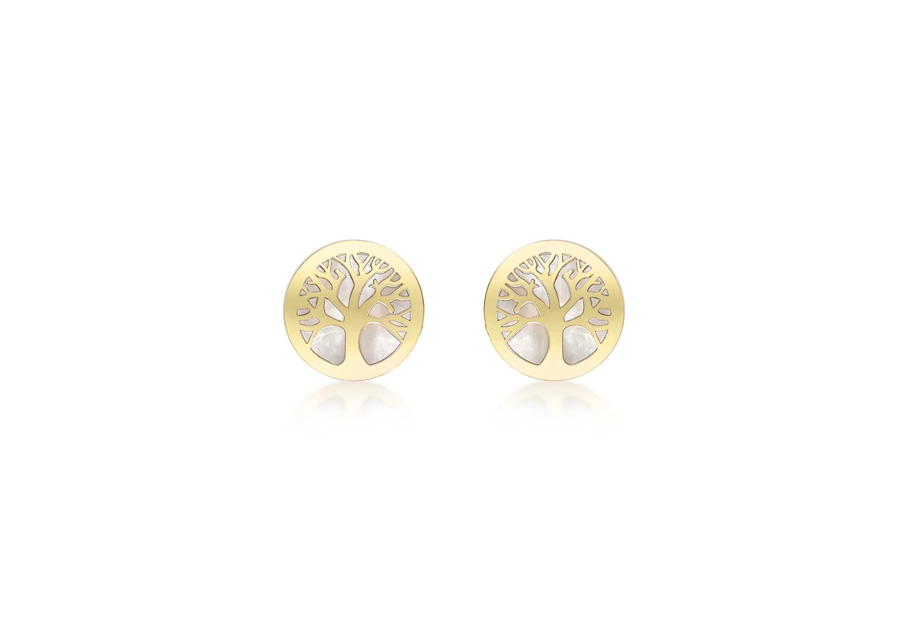 9ct Yellow Gold 'mother Of Pearl' 8mm 'tree Of Life' Stud Earrings 