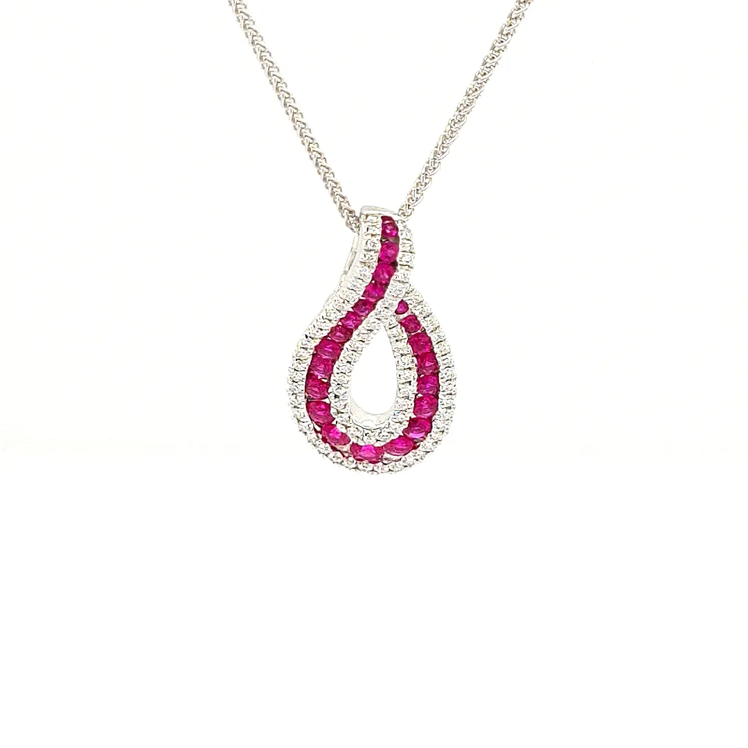 18CT WHITE GOLD CROSSOVER RUBY AND DIAMOND PENDANT 11986