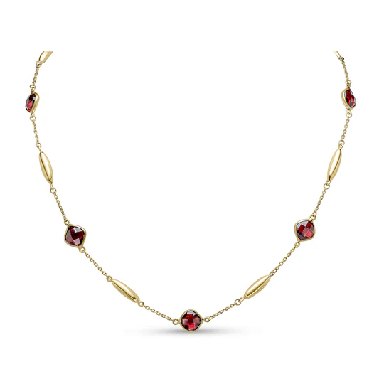 9ct Yellow Gold Cushion Garnet & Polished Torpedo Motif And Chain Necklace 17641