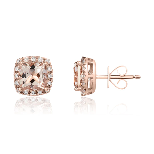 9ct Rose Gold Cushion Morganite & Diamond Cluster Earrings 15475