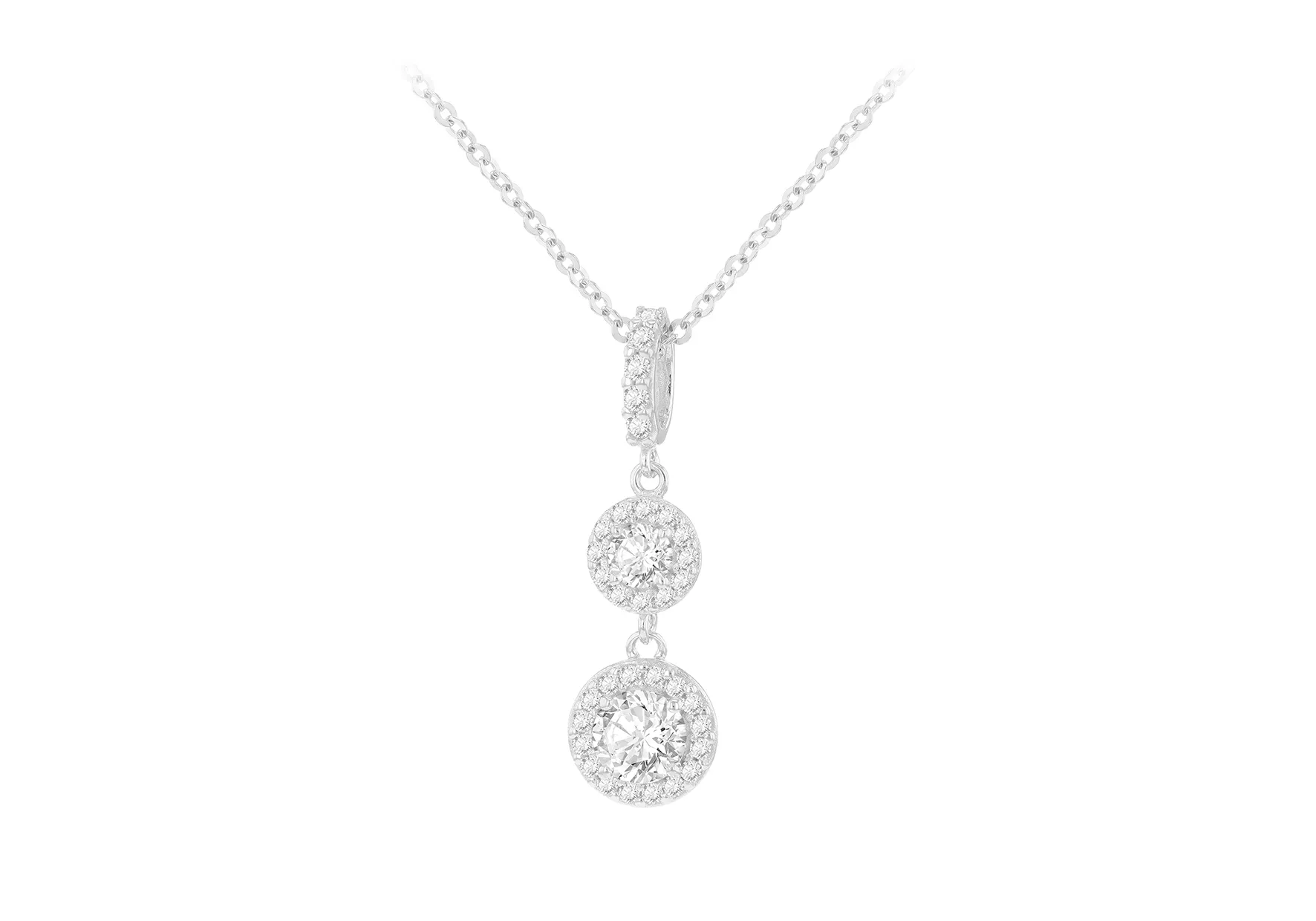 9ct White Gold Double Cz Drop Halo Necklace 