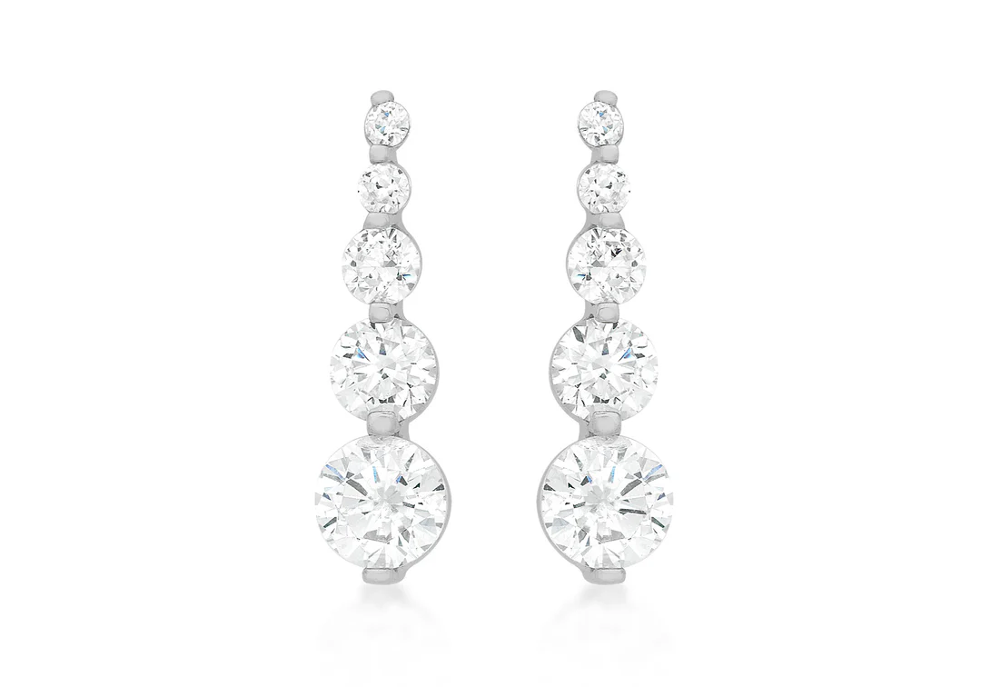 9ct White Gold Graduated Cz Earrings