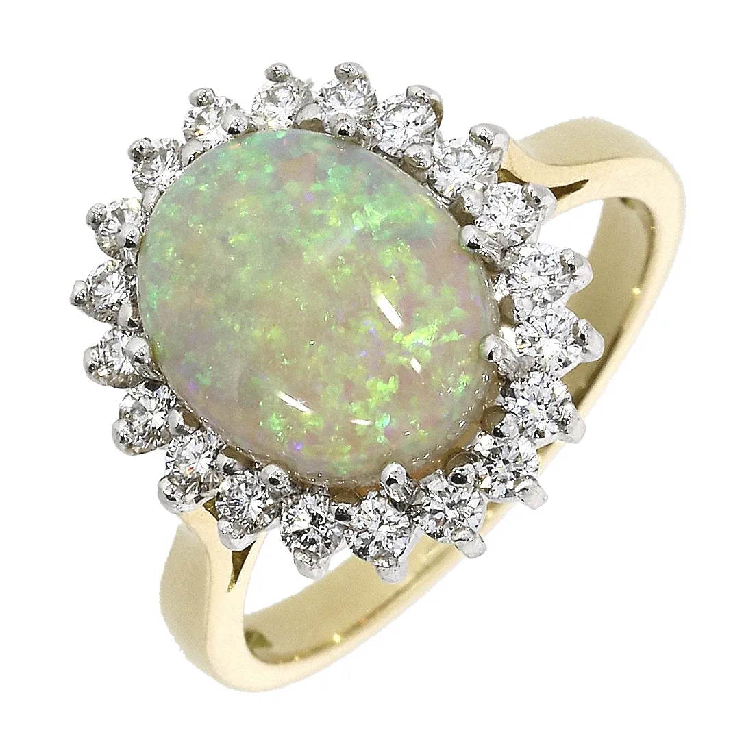 18ct Yellow Gold|opal & Diamond Cluster Ring|with Oval Cut Centre Opal|opal 1.83ct Diamond .47ct