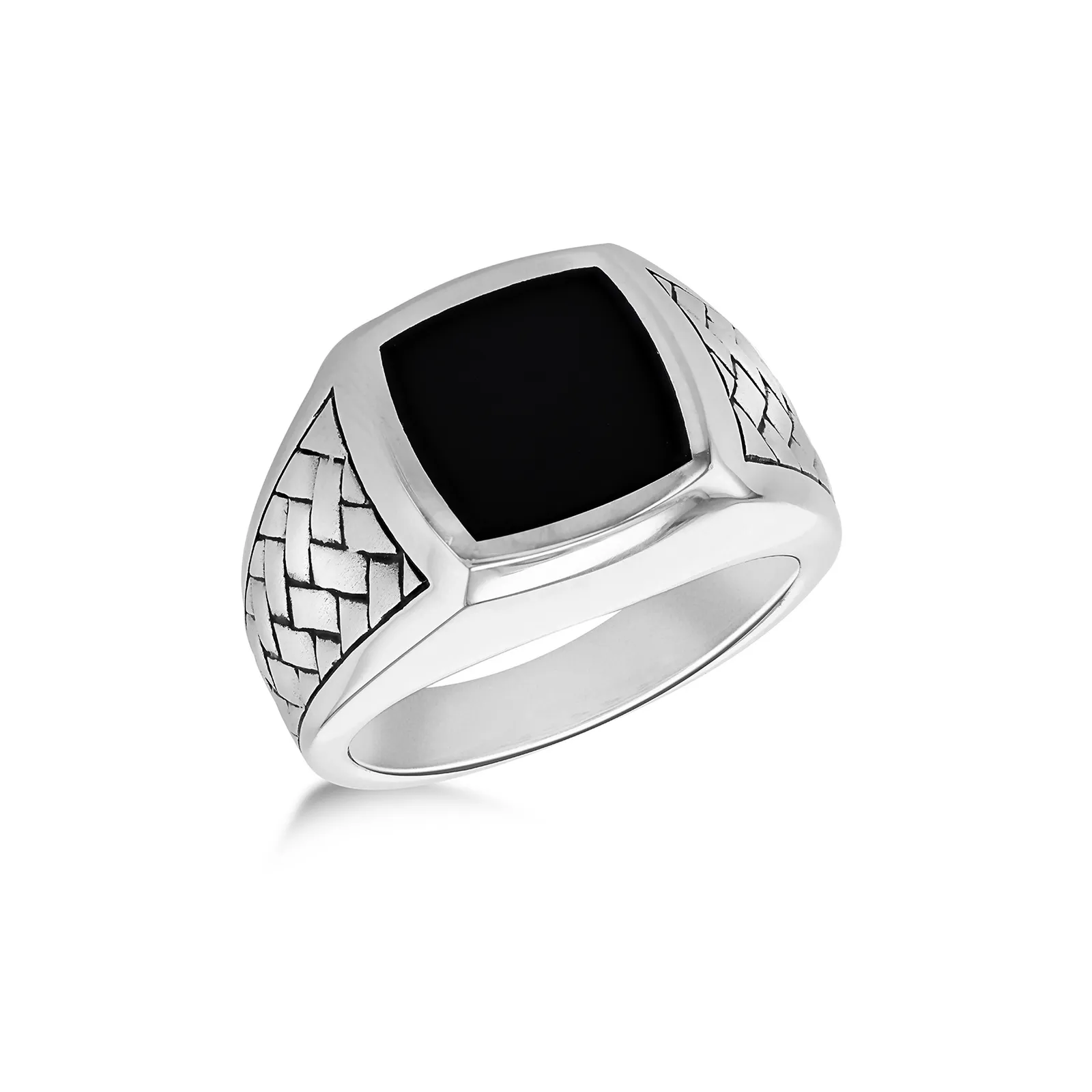 Sterling Silver Square Onyx With Herringbone Signet Ring