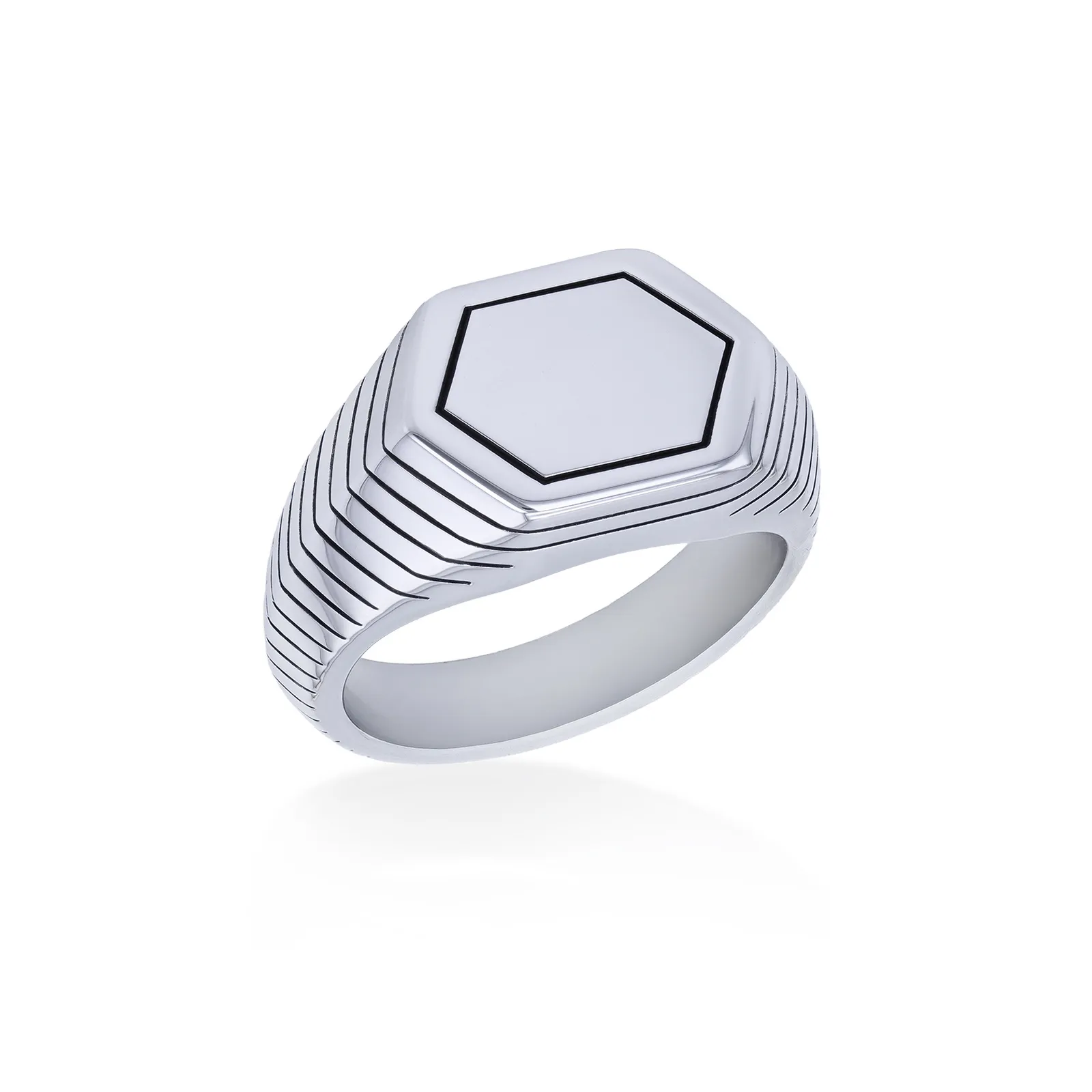 Sterling Silver Rhodium Plated Chevron Hexagon Signet Ring