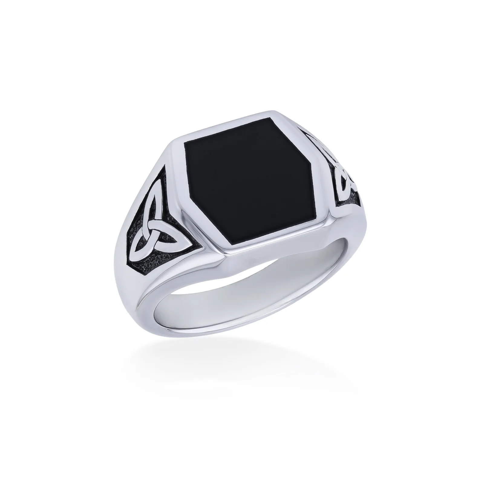 Sterling Silver Rhodium Plated Hexagon Black Agate Celtic Signet Ring