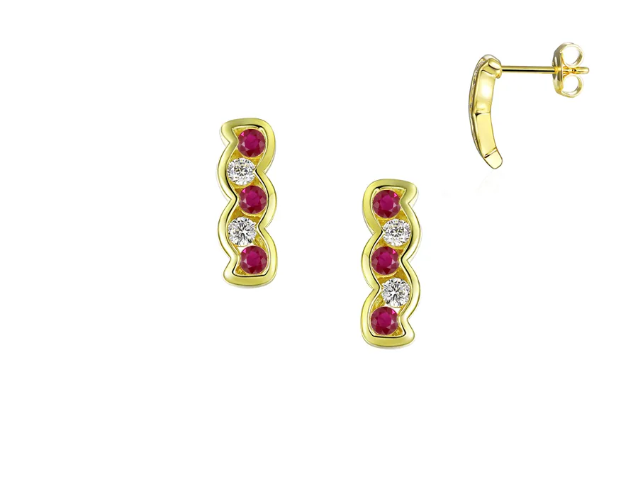 9ct Yellow Gold Ruby & Diamond 5 Stone Wavy Earrings 