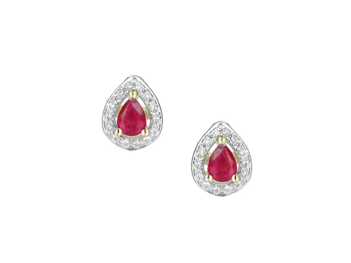 9ct Yellow And White Pear Shape Ruby And Diamond Cluster Stud Earrings