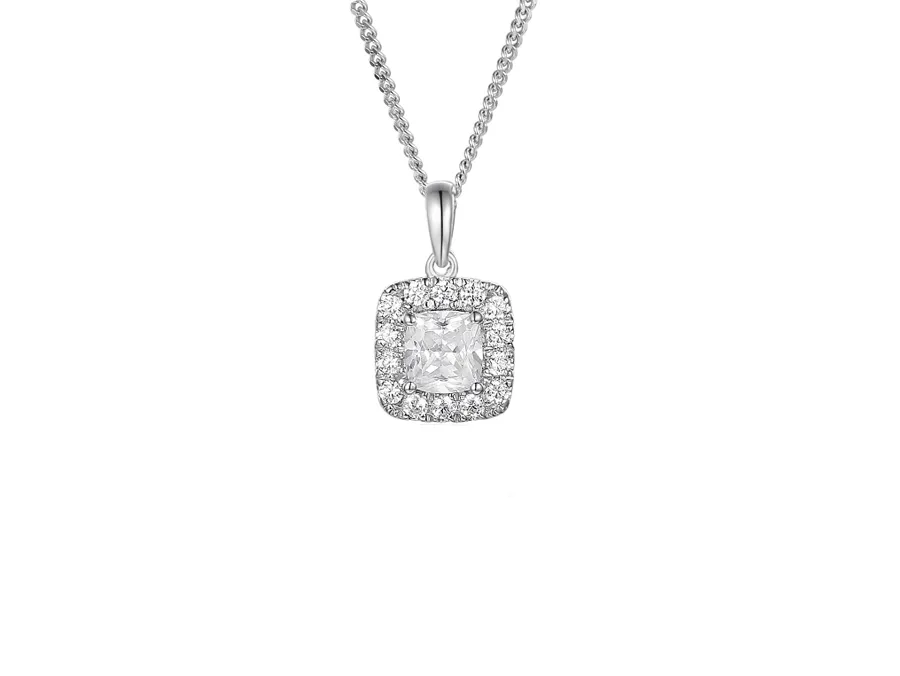 Sterling Silver Cz Cushion Halo Cluster Necklace