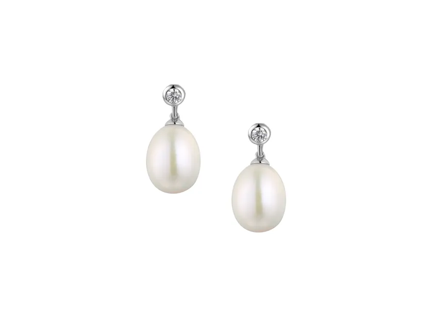 9ct White Gold Diamond Tear Drop Pearl Earrings .09ct 8.5/9mm Pearl