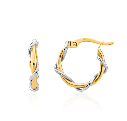 9CT Two Tone White/Yellow Gold Wire Twist Hoop Earrings 15x3mm