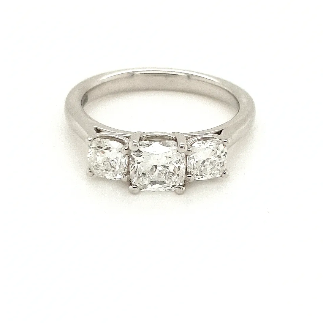 Platinum Cushion Cut Three Stone 1.72ct Engagement Ring 10422