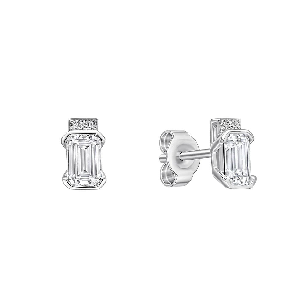 Sterling Silver Emerald Cut Half Bezel Stud Cz Earrings