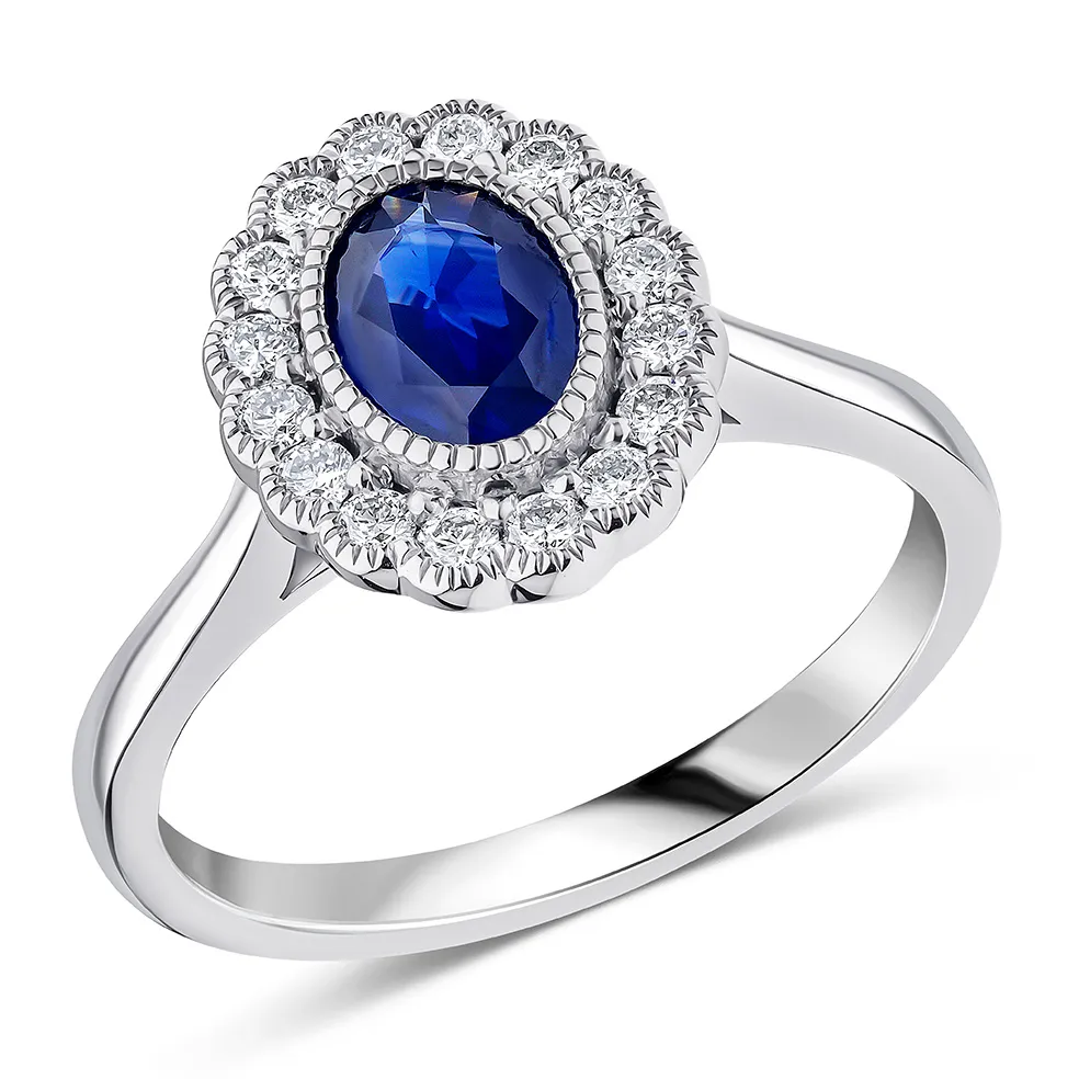 Platinum Sapphire & Diamond Rubover Set Milgrain Edging Ring 22472