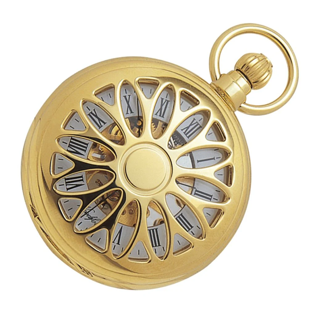 Woodford Sunburst Skeleton Gold Plated Pocket Watch With Chain