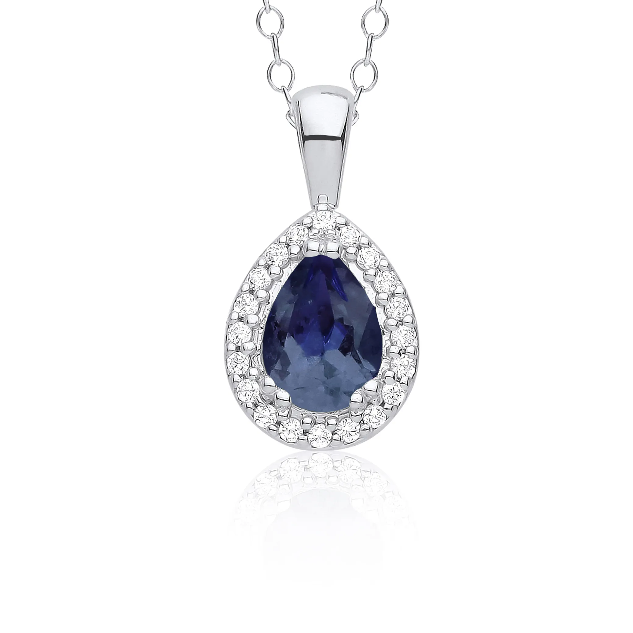 9ct White Gold Sapphire And Diamond Pear Shape Halo Pendant 19275
