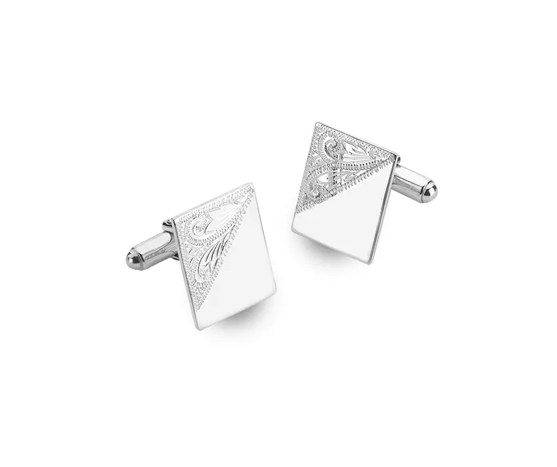 Sterling Silver Half Engraved Rectangle Cufflink