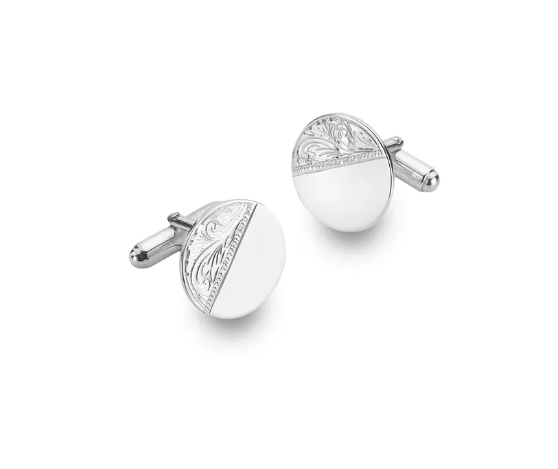 Sterling Silver Circle Cufflink Half Engraved