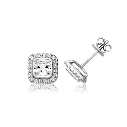 Sterling Silver Bezel Set Halo Style Stud Square Earrings