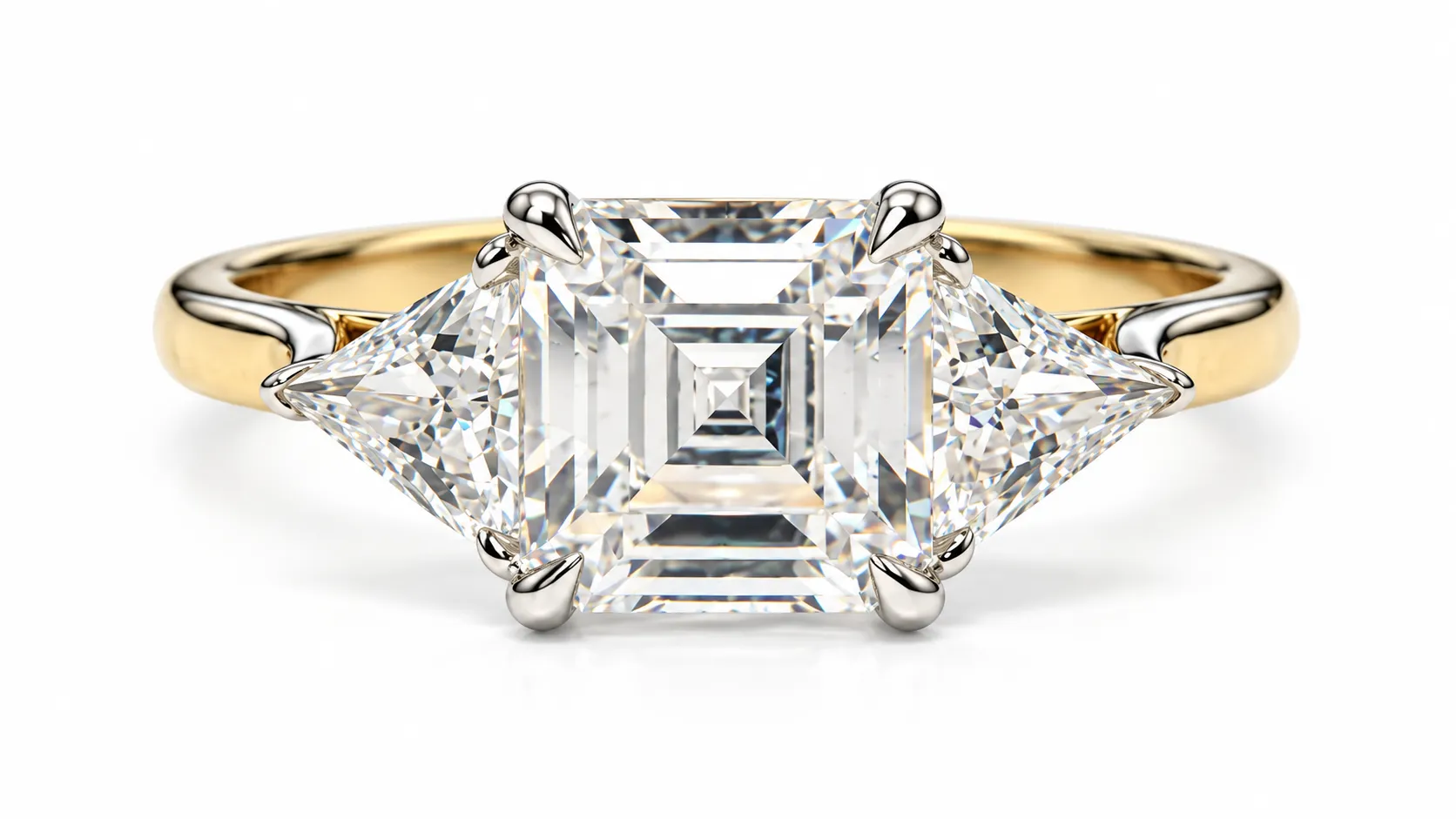 9ct Yellow Gold Three Stone Princess And Trillion Cubic Zirconia Ring